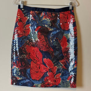 Anthropologie x Wolven Sugared Fleur Pencil Skirt Size 6P Red Blue Floral Sequin